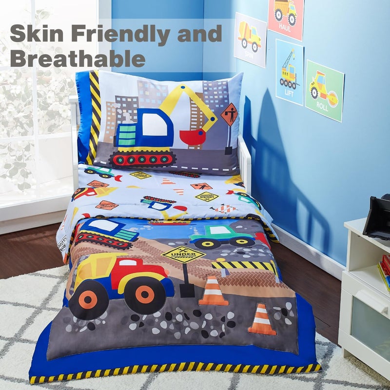 EVERYDAY KIDS مجموعة سرير الأطفال اليومية 4 قطع - تحت الإنشاء - تشمل لحاف، شريحة مسطحة، شريحة ملائمة وغطاء وسادة قابل للعكس - Image 3